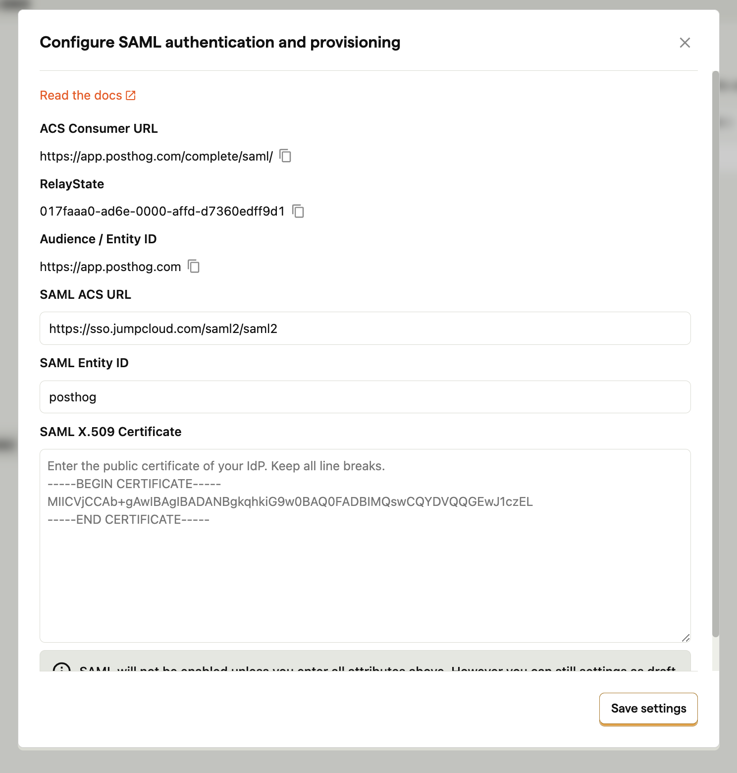 Screenshot: SAML configuration